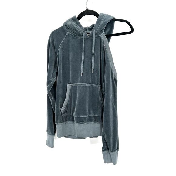 HUDSON Blue Frost Velvet Velour Cold Shoulder Hoodie Sweatshirt Size Small - Picture 4 of 10